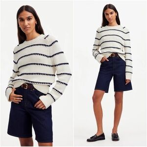Madewell Sweater Textured Cotton Crewneck in Stripe Bright Ivory Navy Stripe S